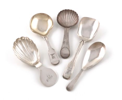 A small collection of five antique silver caddy spoons,comprising: Victorian Fiddle and Thread one, by Messrs. Savory, London