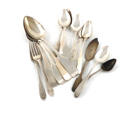 A small collection of Irish silver flatware,various dates and makers,comprising: four tablespoons, eight dessert spoons, two 