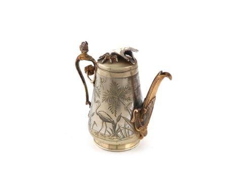 A late-19th century Aesthetic Movement electrogilded and electroplated pot / ewer, unmarked circa 1880, tapering circular for