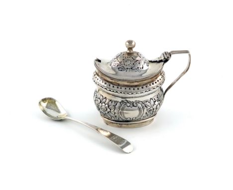 A George III silver mustard pot, by Robert Hennell I & David Hennell II, London 1801, oval form, embossed and engraved foliat