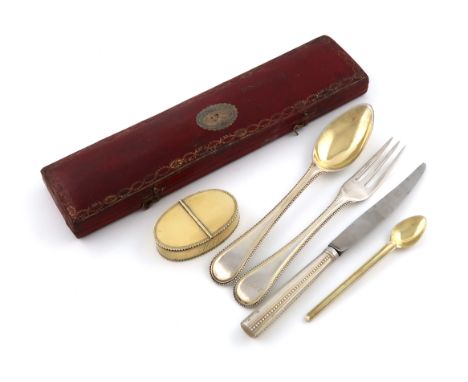 An early 19th century five-piece German silver-gilt campaign set, maker's mark I.R, comprising a fork, spoon, knife, marrow s