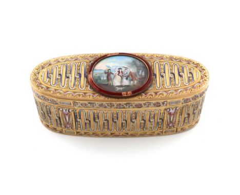 A late-18th century Swiss gold and enamel snuff box, with a charge mark for Jean-Jacques Prevost, elongated oval form, with b
