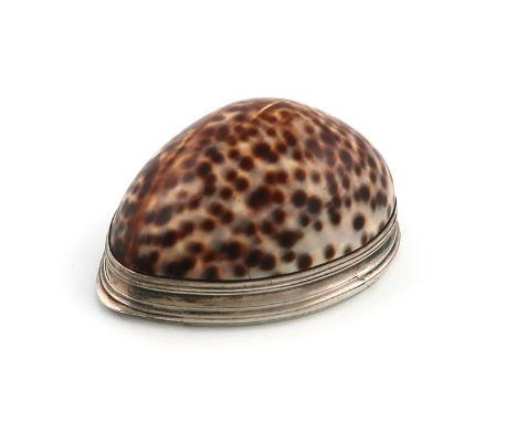 A George III silver-mounted cowrie shell snuff box, maker's mark only of I.K, possibly for James Kennedy, Dublin circa 1790, 