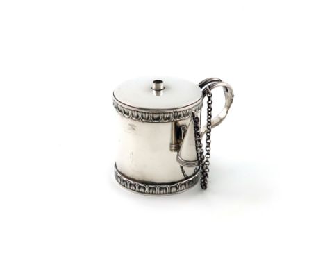 A George III silver bougie box, by Emes and Barnard, London 1817, plain cylindrical form, foliate upper and lower border, bif