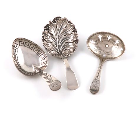 A George III silver caddy spoon, by Joseph Taylor, Birmingham 1808,heart-shaped bowl, Greek key border, engraved handle, plus