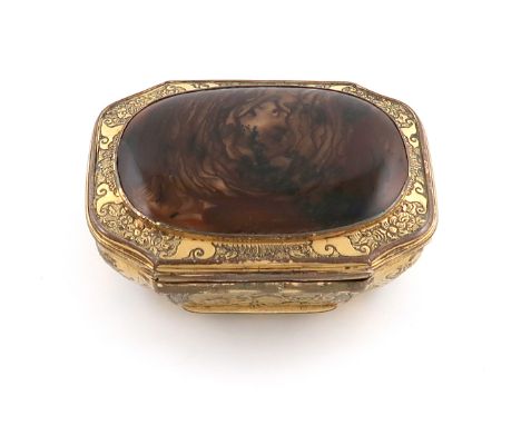A George III gilt-metal and agate snuff box,unmarked, circa 1760,shaped rectangular form, chased polite decoration, the hinge