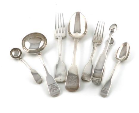 A collection of antique silver Fiddle pattern flatware,various dates and makers,the terminals with a crest, comprising: twelv