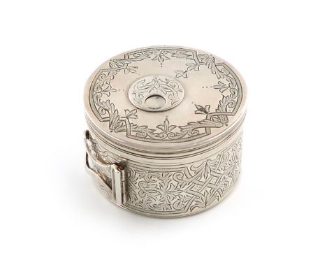 A George III silver bougie box, by Phipps and Robinson, London 1798, circular form, later engraved decoration, the pull-off c