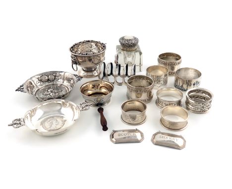 A mixed lot of silver items,various makers and dates,comprising: a two-handled wine taster, with import marks for David Bridg