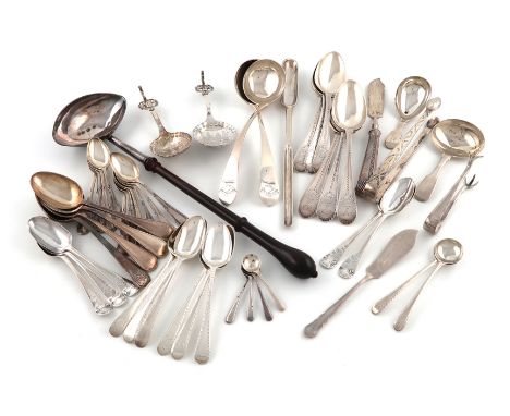 A mixed lot of silver flatware,including: a set of six Bright-cut dessert spoons, by Solomon Hougham, London 1806, a pair of 