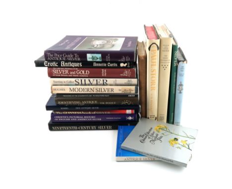 A collection of silver reference books, including The Collector's Dictionary of Silver and Gold, The Price Guide to Antique S