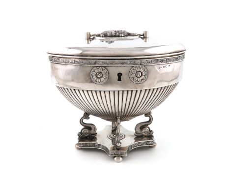 An early-19th century Swedish silver tea caddy, by Olof Hellbom, Stockholm 1818, oval form, part-fluted decoration, Greek key