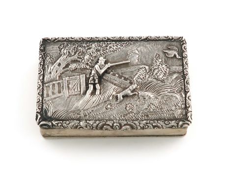 A Victorian silver raised relief shooting snuff box,  by Edward Smith, Birmingham 1838, rectangular form, the hinged cover wi