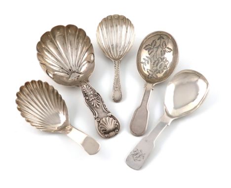 A small collection of five antique silver caddy spoons,comprising: George III one of plain form, fluted bowl, by Josiah Snatt