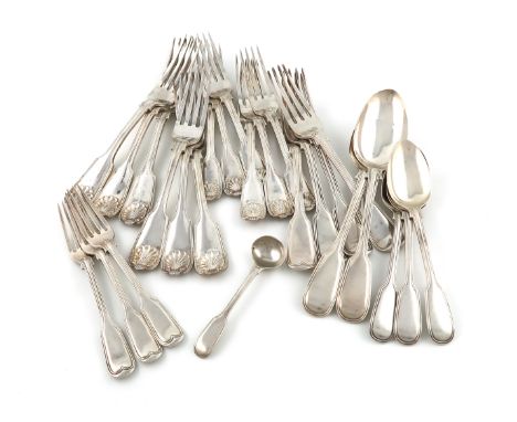 A collection of antique silver Fiddle, Thread and Shell pattern flatware,various dates and makers,comprising: six table forks