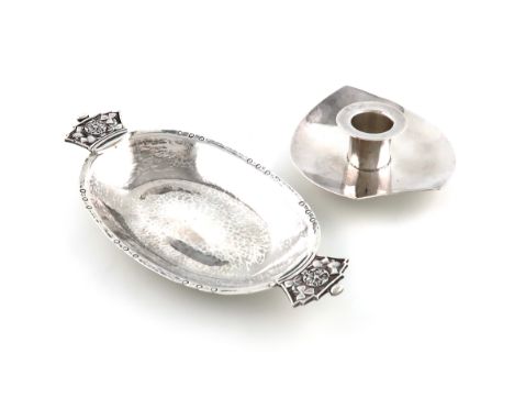 By P G Dodd & Son, an Art Deco silver coronation dish, London 1936, oval form, spot-hammered decoration, two cast handles for