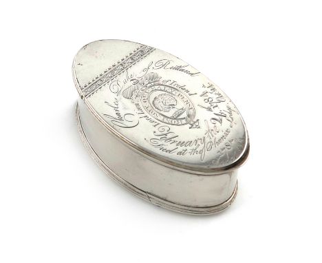 A George III Irish silver double snuff box, by James Kennedy, Dublin circa 1787, oval navette form, bright-cut decoration, th