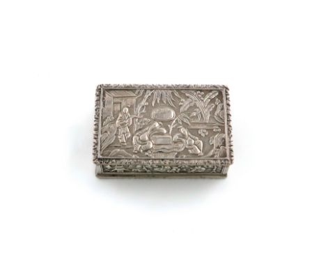 A 19th century Chinese Export silver snuff box, by Kecheong, Canton circa 1850, rectangular form, chased with figural scenes 