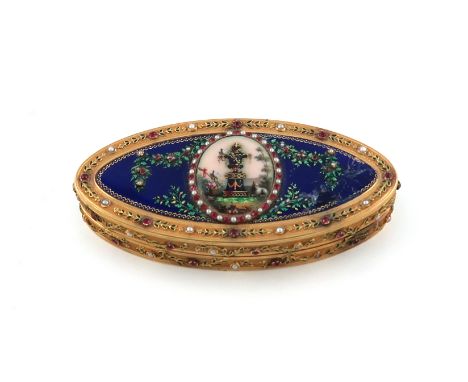 An early-19th century gold and enamel snuff box,  marked five times within indistinct mark, probably Swiss, oval navette form