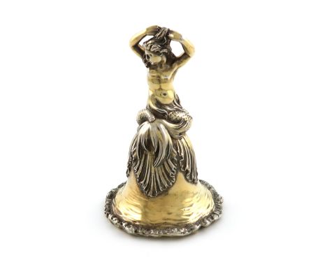 A Victorian cast silver-gilt table bell, by Robert Garrard, London 1871, the handle modelled as a mermaid with her hands in h