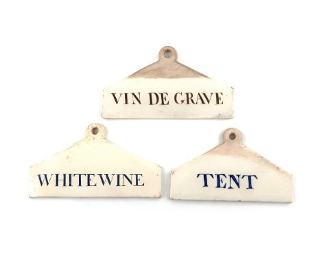 Three late-18th/early-19th century ceramic bin labels,by Wedgwood,arched rectangular form, titled 'Vin de Grave', and in blue