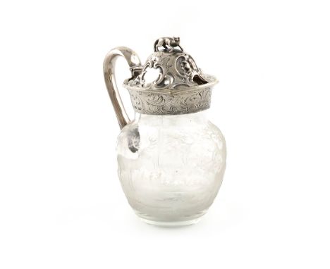 A Victorian silver and glass mustard pot,by Reily and Storer, London 1846,baluster form, the glass body etched with deer in a