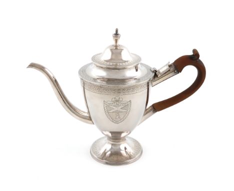 A George III silver argyle, by John Denziloe, London 1789, vase form, bright-cut decoration, the pull-off cover with an urn f