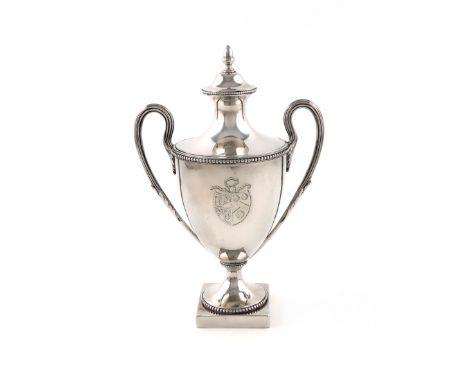 A George III silver condiment vase and cover, by Smith and Sharp, London 1779, vase form, reeded loop handles, beaded borders