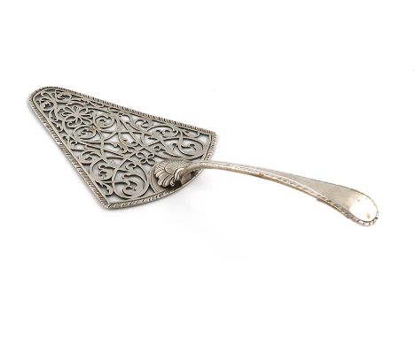 A George III silver serving slice,by Thomas Nash, London 1767,trowel form, feather-edge borders, the blade pierced with folia