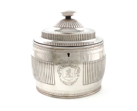 A George III silver tea caddy, by Robert and David Hennell, London 1795, oval-bellied form, part-fluted decoration, engraved 