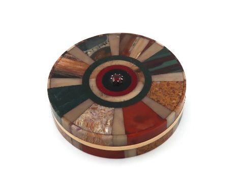 A late-18th century French gold-mounted hardstone snuff box, Paris circa 1780-1800, circular form, plain mounts, with panels 