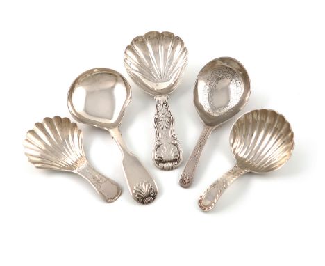 A small collection of five antique silver caddy spoons,comprising: a Bright-cut one with a shell bowl, by Taylor and Perry, B