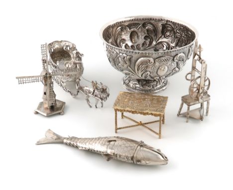 A mixed lot of Dutch silver items,comprising: a sugar bowl of circular form, embossed foliate scroll decoration, a miniature 