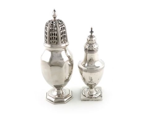 A George III silver caster,by Crispin Fuller, London 1798,vase form, reeded borders, pierced cover with an urn finial, on a s