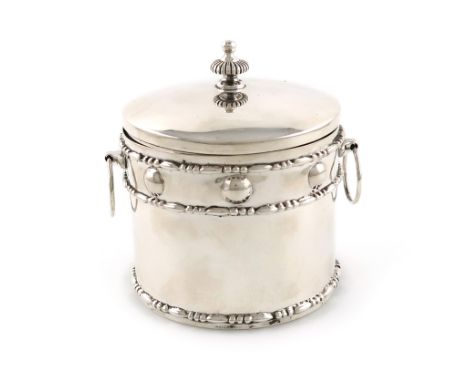 An Edwardian silver tea caddy,by Robinson &amp; Co Ltd., London 1907,cylindrical form, punch bead girdle, egg and bead border