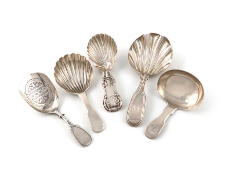 A small collection of five antique silver caddy spoons,comprising: George III one, by Cocks and Bettridge, Birmingham 1813, s