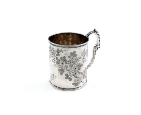 A Victorian small silver mug,by W W Harrison &amp; Co, Sheffield 1898,circular form, engraved with foliate decoration and but