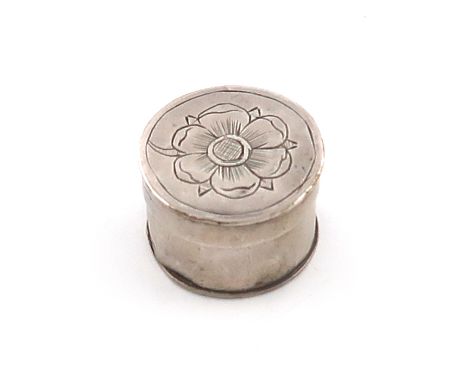 A late-17th century small silver box, indistinct maker's mark, circa1690, circular form, the pull-off cover engraved with a f