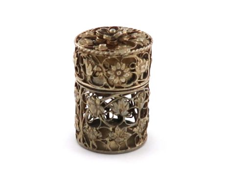 A late-17th century silver-gilt filigree counter box,  unmarked, circa 1680,  cylindrical form, with floral decoration, the p