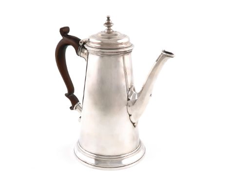 A George II silver coffee pot,by John Swift, London 1754,tapering circular form, wooden scroll handle, the hinged cover with 