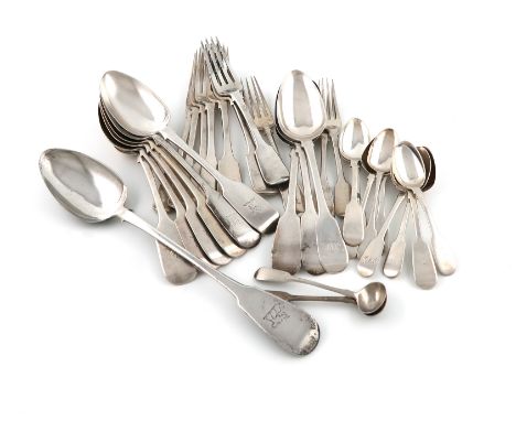 A collection of antique silver Fiddle pattern flatware,various dates and makers,comprising: a set of six tablespoons, Exeter 
