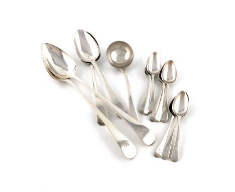 A small collection of antique silver Old English flatware,comprising: a pair of basting spoons, by Peter, Ann and William Bat