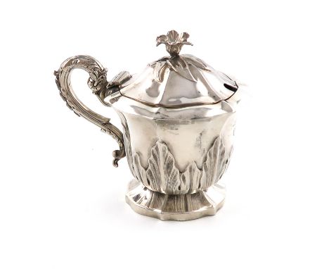 A William IV silver mustard pot, by Charles Fox, London 1833, lobed circular form, leaf-capped scroll handle, the raised hing