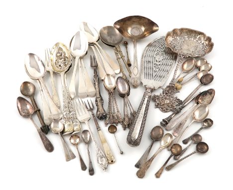 A mixed lot of silver flatware,various dates and makers,comprising George III fish slice, London 1783, two berry spoons, eigh