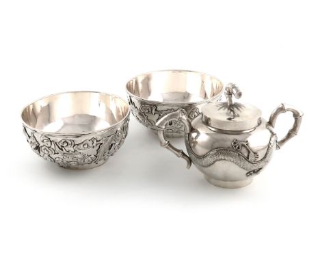 A pair of Chinese silver bowls,retailed by Wang Hing,circular form, applied with dragons, on circular bases, diameter 1cm, pl