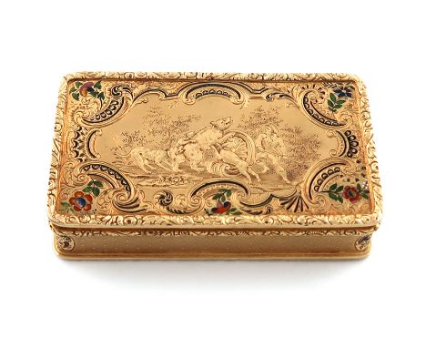 A 19th century continental gold and enamel snuff box,  marked with a crowned cross with the number 2 in the centre, rectangul