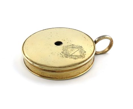 A George II silver-gilt bougie box, unmarked, circa 1750, plain circular form, ring handle, pull-off cover with a pierced hol