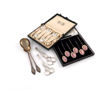 A mixed lot of silver flatware,various dates and makers,comprising: a cased set of Liberty teaspoons, Birmingham 1933, a set 