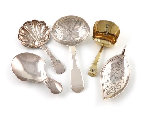 A collection of five antique silver caddy spoons, comprising: a George III one of leaf form, engraved decoration, maker's mar