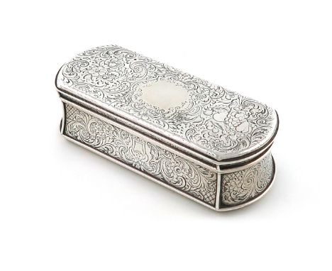 A Victorian silver snuff box, by Rawlings and Summers, London 1844, rounded rectangular form, engraved foliate decoration, th